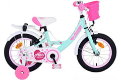 A green Volare Ashley 14 inch girls bike with two hand brakes and removable training wheels Comfortable, safe, and adjustable for growing riders