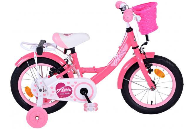 Volare Ashley Kinderfiets - Meisjes - 14 inch - Roze/Rood - Twee Handremmen - Comfortabele zadel, verstelbaar stuur, afneembare zijwieltjes, gesloten kettingkast