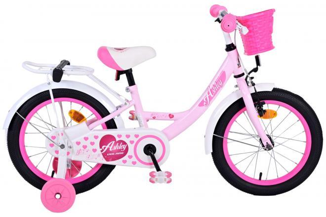 Volare Ashley 16 inch meisjesfiets - Roze - inclusief handrem, terugtraprem, zijwieltjes, gesloten kettingkast, verstelbaar zadel en stuur, rieten mandje, reflectoren, bel en hoogwaardig materiaal - Fitmarktnl