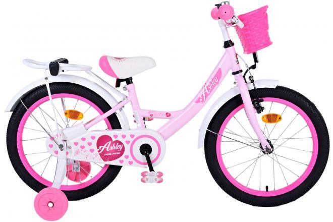 Volare Ashley Kinderfiets - Meisjes - 18 inch - Roze - Veilige, comfortabele en duurzame meisjesfiets met handrem en terugtraprem, afneembare zijwieltjes, gesloten kettingkast, verstelbaar zadel en stuur, en rieten mandje