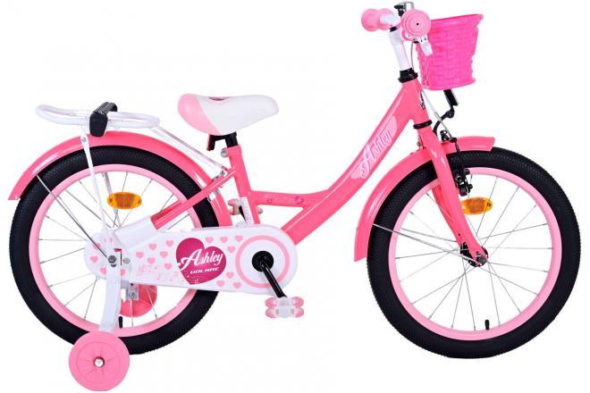 Volare Ashley 18 inch meisjesfiets in roze en rood, met handrem, terugtraprem, afneembare zijwieltjes, gesloten kettingkast, zacht zadel, verstelbaar stuur en achterdrager