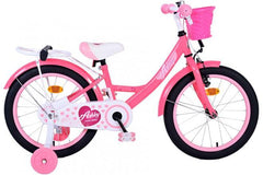 Volare Ashley 18 inch meisjesfiets in roze en rood, met handrem, terugtraprem, afneembare zijwieltjes, gesloten kettingkast, zacht zadel, verstelbaar stuur en achterdrager