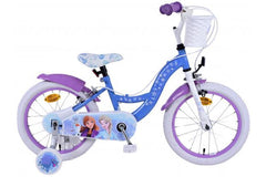 Disney Frozen 2 16 inch meisjesfiets in blauw en paars, geïnspireerd door Elsa en Anna, met handremmen, afneembare zijwieltjes, verstelbaar zadel en stuur, en mandje aan de voorkant, ideaal voor kleine avonturiers
