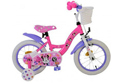Disney Minnie 14 Inch Kinderfiets - Roze fiets met mandje, verstelbaar zadel, afneembare zijwieltjes, handrem en terugtraprem, perfect voor veilig en leuk leren fietsen
