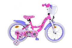 A pink Disney Minnie 16 inch kinderfiets with purple accents, two hand brakes, closed chain guard, and removable training wheels
