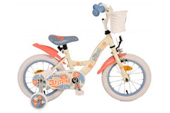 Disney Stitch 16 inch meisjesfiets in crème, koraal en blauw design met handrem, terugtraprem, afneembare zijwieltjes, reflectoren, verstelbaar zadel en stuur, mandje, veilig, trendy en voordelig bij Fitmarkt