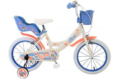 Disney Stitch 16 inch kinderfiets voor meisjes met crème koraal blauw design, afneembare zijwieltjes, handrem, terugtraprem, reflectoren en verstelbaar zadel en stuur Echte blikvanger!