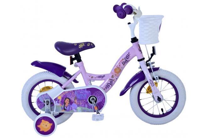Disney Wish 12 inch meisjesfiets in paars met handrem, terugtraprem, afneembare zijwieltjes, reflectoren, verstelbaar stuur en zadel, zacht zadel, en mandje