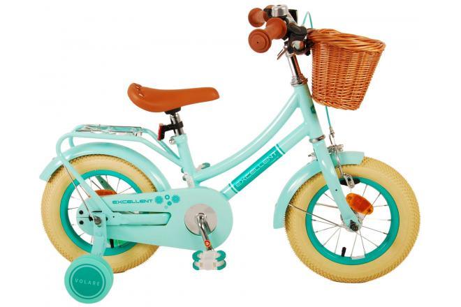 Volare Excellent Kinderfiets - Meisjes - 12 inch - Groen - Veiligheidskenmerken, reflectoren, handrem, terugtraprem, zijwieltjes, gesloten kettingkast, achterdrager, verstelbaar zadel en stuur, rieten mandje, comfortabel zacht zadel, groene meisjesfiets, Fitmarktnl