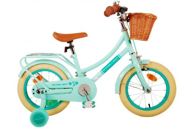 Volare Excellent 14 inch meisjesfiets in groen met handrem, terugtraprem, afneembare zijwieltjes, gesloten kettingkast, reflectoren, bel, achterdrager, zacht zadel, rieten mandje, verstelbaar zadel en stuur, inclusief montagemateriaal, veilig, comfortabel, duurzaam en trendy design van Fitmarktnl