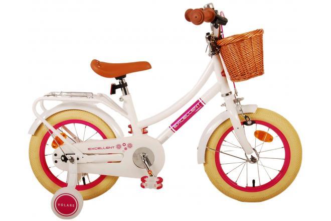 Volare Excellent Kinderfiets - Meisjes - 14 inch - Wit: Een hoogwaardige meisjesfiets met handrem, terugtraprem, afneembare zijwieltjes, reflectoren, rieten mandje, luxe zadel en verstelbaar stuur, geschikt voor veilig en comfortabel fietsen