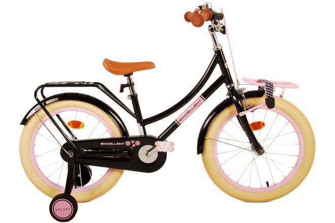 Volare Excellent Kinderfiets - Meisjes - 18 inch - Zwart - 95% afgemonteerd - veilige en duurzame zwarte meisjesfiets met handrem, terugtraprem, zijwieltjes, reflectoren, bel, voordrager, achterdrager, verstelbaar zadel en stuur, inclusief montagemateriaal