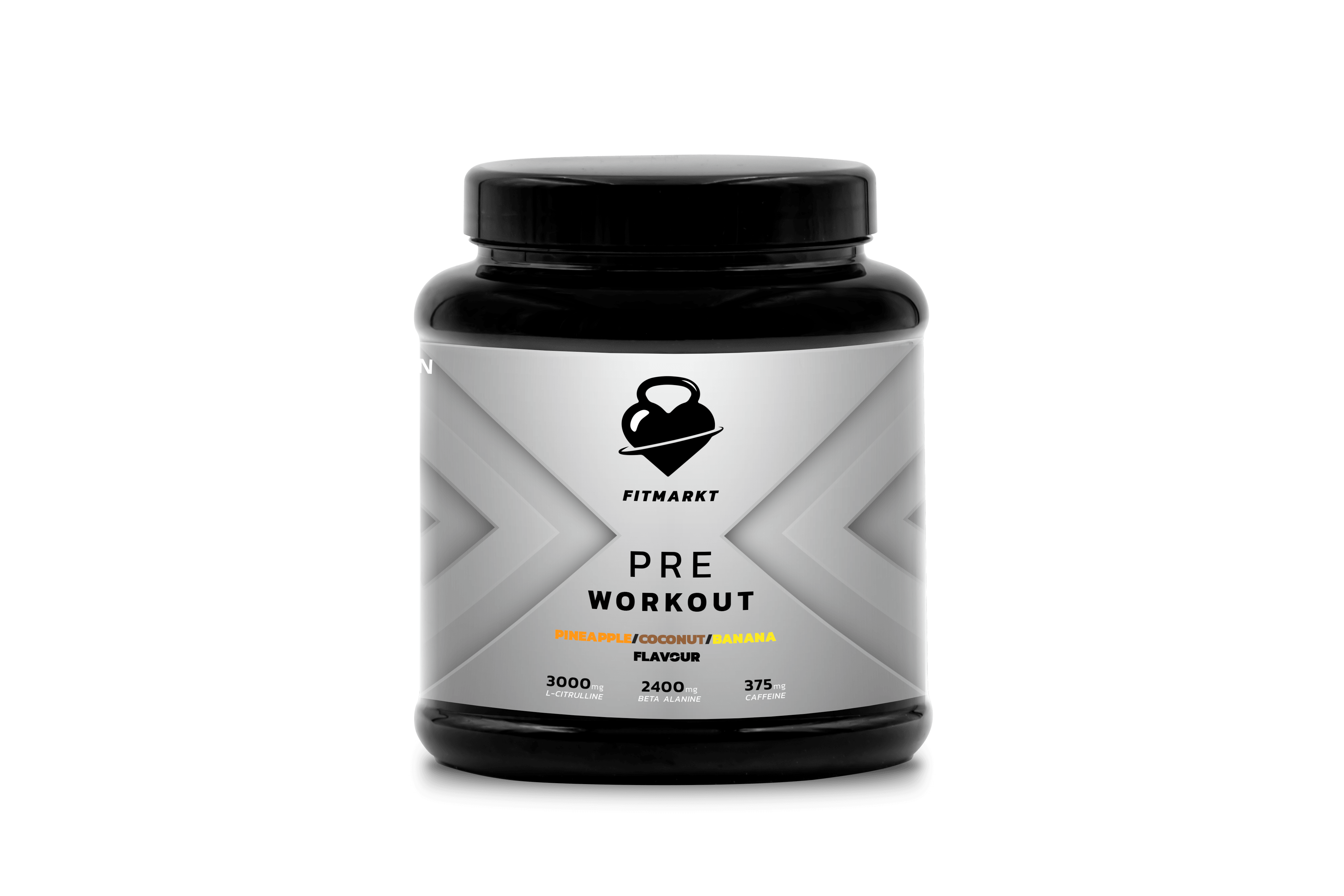 300g tropical pre-workout powder with pineapple, coconut, and banana flavors