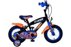 12 inch Hot Wheels Kinderfiets voor Jongens in Zwart Oranje Blauw met Twee Handremmen, Gesloten Kettingkast, Afneembare Zijwieltjes, Verstelbaar Zadel- Bestel Nu!
