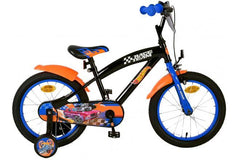 Hot Wheels Kinderfiets 16 Inch - Stoere Jongensfiets Zwart, Oranje & Blauw - een veilige, duurzame en stijlvolle fiets voor avontuurlijke kinderen van 4 tot 6 jaar, met handrem, terugtraprem, zijwieltjes en verstelbaar zadel