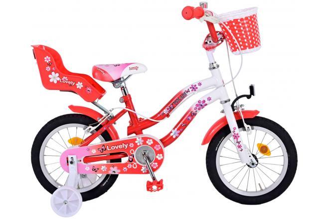 Volare Lovely Kinderfiets - Meisjes - 14 inch - Rood Wit - Twee Handremmen: Een veilige, comfortabele en duurzame meisjesfiets voor avontuurlijke ritten