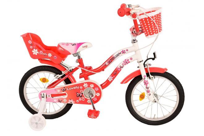 Volare Lovely 16 inch kinderfiets - Meisjes - Rood Wit - Twee Handremmen - Gesloten kettingkast - Afneembare zijwieltjes - Poppenzitje
