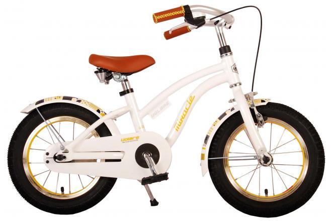 Volare Miracle Kinderfiets - Meisjes - 14 inch - Wit - Prime Collection - veilige en comfortabele meisjesfiets met gesloten kettingkast, reflectoren, tergtraprem, handrem, licht aluminium frame, verstelbaar zadel en stuur, geen zijwieltjes, bij Fitmarktnl