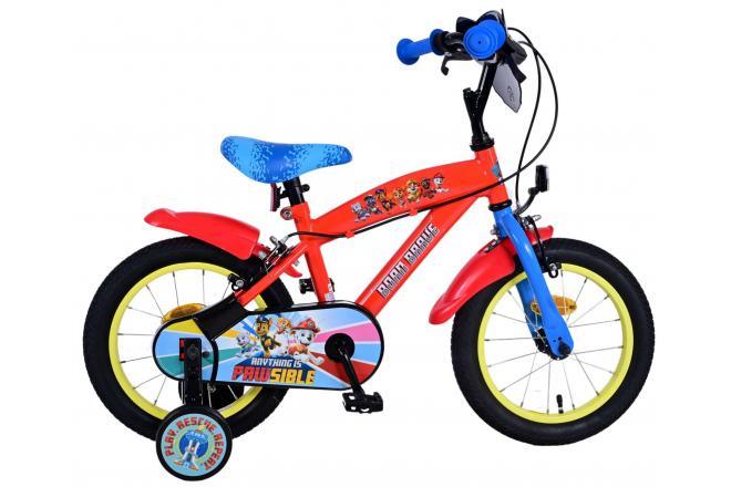 Paw Patrol 14 inch jongensfiets in rood met gele accenten, voor kinderen van 3-5 jaar, met handremmen, zijwieltjes, verstelbaar zadel en stuur, gesloten kettingkast, reflectoren en bidonhouder, officieel gelicenseerd product van Paw Patrol, verkrijgbaar bij Fitmarkt