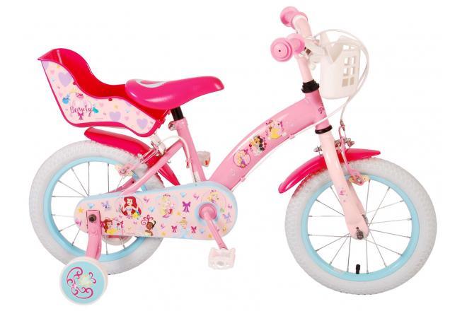 Disney Princess 14 Inch Kinderfiets: Veilige en comfortabele kinderfiets met roze design, zachte zadel, verstelbare stuur- en zadelhoogte, afneembare zijwieltjes, handremmen, reflectoren en poppenzitje