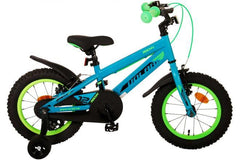 Volare Rocky 14 inch jongens kinderfiets in groen met handremmen, gesloten kettingkast, afneembare zijwieltjes, luxe zadel, en extra lange zadelpen voor groeimogelijkheden