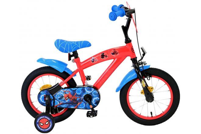 Marvel Spider-Man 14 inch jongensfiets in rood en blauw met handrem, terugtraprem, afneembare zijwieltjes, verstelbaar zadel en stevig frame - veilig, stoer en comfortabel - te bestellen bij Fitmarktnl