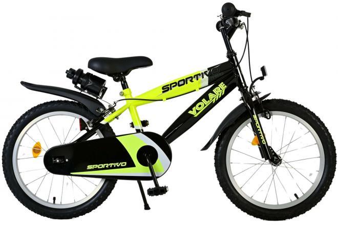 Volare Sportivo 18 inch jongensfiets in neon geel en zwart, met bidonhouder, gesloten kettingkast, spatborden en twee handremmen