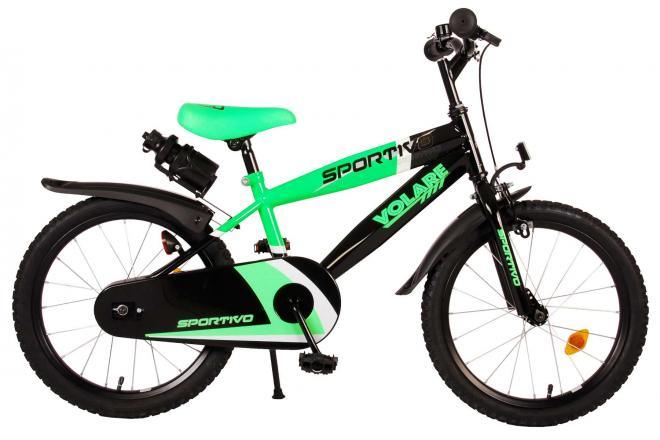 Volare Sportivo 18 inch jongensfiets in neon groen en zwart, met bidonhouder, spatborden, hand- en terugtraprem, gesloten kettingkast, veilige reflectoren en verstelbare zadelhoogte van Fitmarktnl