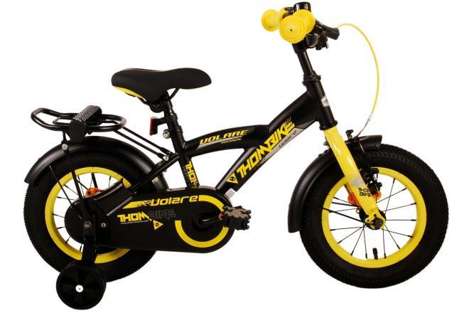 Volare Thombike 12 inch kinderfiets voor jongens - Zwart Geel - Met handrem, terugtraprem, gesloten kettingkast, afneembare zijwieltjes, comfortabel zacht zadel, handige achterdrager, verstelbaar zadel en stuur - Inclusief montagemateriaal - Fitmarktnl