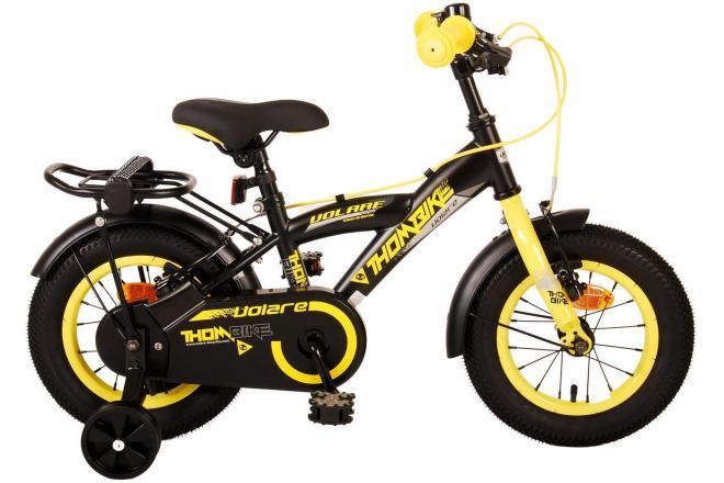 Volare Thombike 12 inch kinderfiets voor jongens in zwart en geel met handremmen, gesloten kettingkast, afneembare zijwieltjes, zacht zadel, verstelbaar stuur en zadel, en luxe design