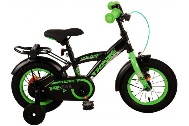 Volare Thombike 12 inch kinderfiets voor jongens met handrem, terugtraprem, gesloten kettingkast, afneembare zijwieltjes, zwarte fiets met groene accenten, zacht zadel, achterdrager, verstelbaar zadel en stuur, inclusief montagemateriaal - Fitmarktnl