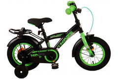 Volare Thombike 12 inch kinderfiets voor jongens met handrem, terugtraprem, gesloten kettingkast, afneembare zijwieltjes, zwarte fiets met groene accenten, zacht zadel, achterdrager, verstelbaar zadel en stuur, inclusief montagemateriaal - Fitmarktnl