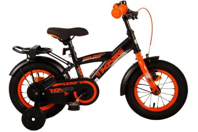 Volare Thombike 12 inch jongensfiets met handrem, terugtraprem, zijwieltjes, gesloten kettingkast, bel, zacht zadel, verstelbaar stuur en zadel, achterdrager, extra lange spatborden, zwart met oranje accenten, veilig en comfortabel, inclusief montagemateriaal