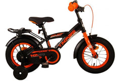 Volare Thombike 12 inch jongensfiets met handrem, terugtraprem, zijwieltjes, gesloten kettingkast, bel, zacht zadel, verstelbaar stuur en zadel, achterdrager, extra lange spatborden, zwart met oranje accenten, veilig en comfortabel, inclusief montagemateriaal