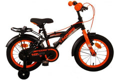 Volare Thombike Kinderfiets - Jongens - 14 inch - Zwart Oranje - Twee Handremmen - Luxe zacht zadel, afneembare zijwieltjes, handige achterdrager