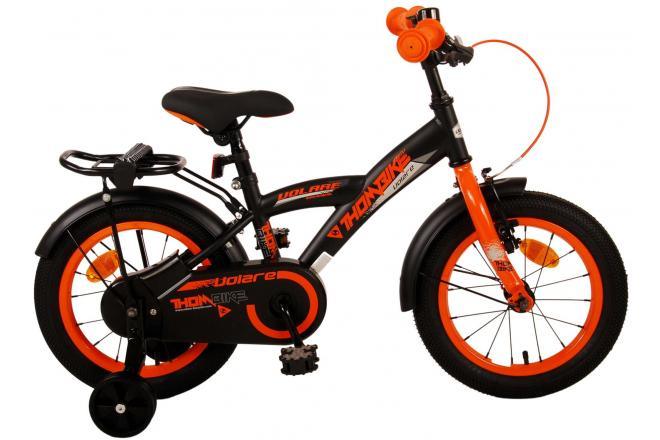Volare Thombike Kinderfiets - Jongens - 14 inch - Zwart Oranje - Veilige en comfortabele jongensfiets met handrem, terugtraprem, gesloten kettingkast, afneembare zijwieltjes, zacht zadel, handige achterdrager, en verstelbaar stuur en zadel
