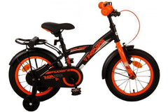 Volare Thombike Kinderfiets - Jongens - 14 inch - Zwart Oranje - Veilige en comfortabele jongensfiets met handrem, terugtraprem, gesloten kettingkast, afneembare zijwieltjes, zacht zadel, handige achterdrager, en verstelbaar stuur en zadel