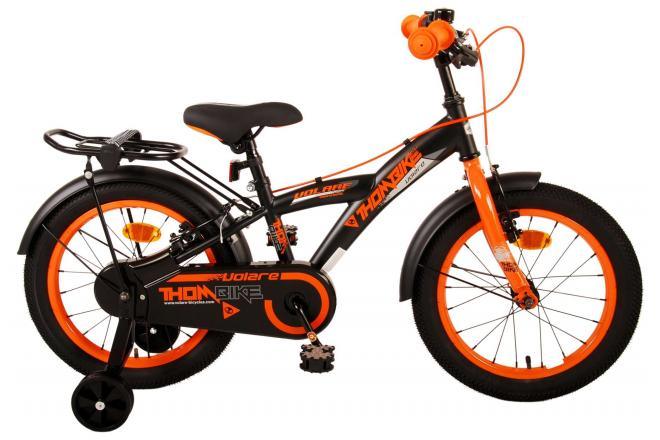 Volare Thombike 16 inch jongensfiets in zwart en oranje met handremmen, zijwieltjes, bel, verstelbaar zadel en stuur Veilige en comfortabele keuze voor kinderen