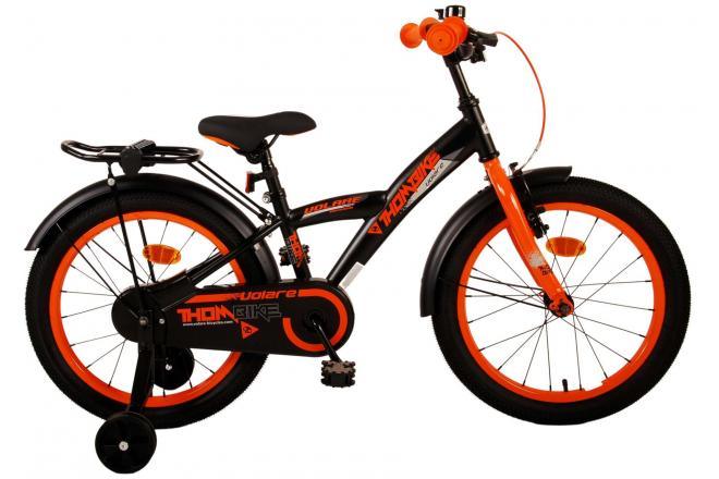 Volare Thombike Kinderfiets - Jongens - 18 inch - Zwart Oranje - zwarte jongensfiets met oranje accenten, luxe zacht zadel, handige achterdrager, veilige handrem en terugtraprem, gesloten kettingkast, afneembare zijwieltjes, leuke bel, extra lange zadelpen, verstelbaar stuur