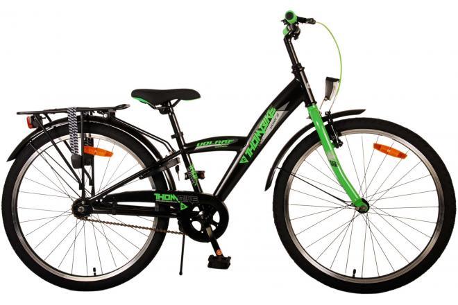 Volare Thombike Kinderfiets - Jongens - 24 inch - Zwart Groen: Stoere zwarte jongensfiets met groene accenten, handrem, comfortabel zadel, reflectoren, verlichting en verstelbaar stuur en zadelpen, geschikt voor avontuurlijke ritten en groeiende kinderen