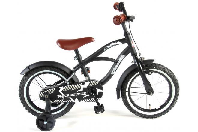 Volare Black Cruiser 14 inch kinderfiets met handrem en terugtraprem, gesloten kettingkast, afneembare zijwieltjes, en verstelbaar zadel