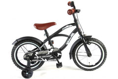 Volare Black Cruiser 14 inch kinderfiets met handrem en terugtraprem, gesloten kettingkast, afneembare zijwieltjes, en verstelbaar zadel