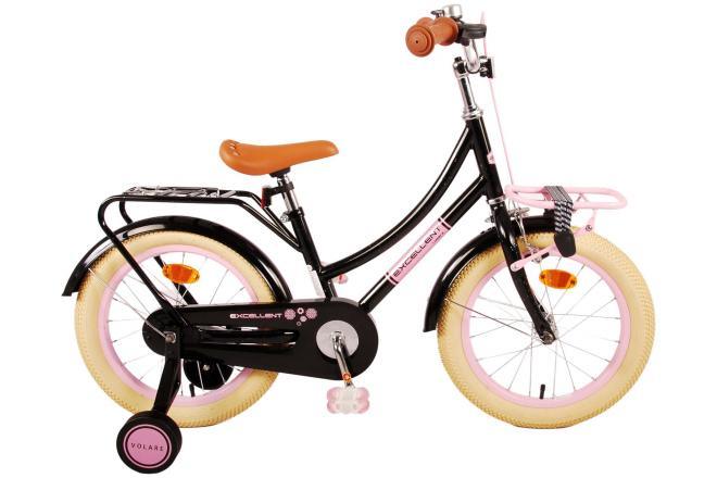 Volare Excellent Kinderfiets - Meisjes - 16 inch - Zwart - 95% afgemonteerd - Veilig, comfortabel en duurzaam, met reflectoren, zijwieltjes, handrem en terugtraprem, gesloten kettingkast, voordrager, zacht zadel, verstelbaar zadel en stuur, inclusief montagemateriaal