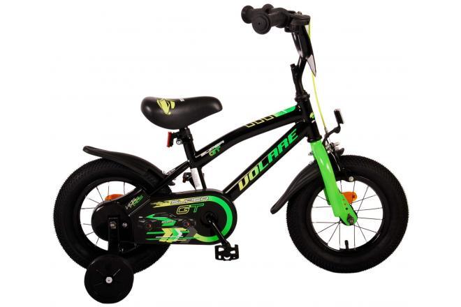 Volare Super GT 12 inch kinderfiets voor jongens in groen, met handrem, terugtraprem, gesloten kettingkast, afneembare zijwieltjes, reflectoren, verstelbaar zadel en stuur, en montagemateriaal