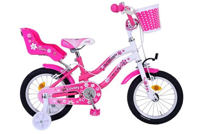 Volare Lovely 14 inch meisjesfiets in roze-wit met handremmen, mandje, poppenzitje, verstelbaar zadel en stuur, veilig en comfortabel bij Fitmarktnl