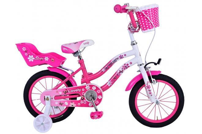 Lovely 14 inch meisjesfiets in roze wit met mandje, zijwieltjes, en veiligheidskenmerken