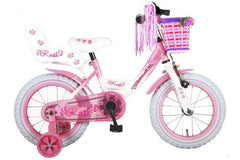 Volare Rose 14 inch meisjesfiets in roze/wit met handrem, terugtraprem, afneembare zijwieltjes, reflectoren, poppenzitje, mandje, verstelbaar zadel en stuur, 95% afgemonteerd - perfecte meisjesfiets voor veilig en comfortabel fietsplezier bij Fitmarktnl