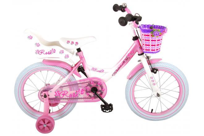 Volare Rose 16 inch meisjesfiets in roze en wit, met handrem, terugtraprem, afneembare zijwieltjes, reflectoren, verstelbaar zadel en stuur, poppenzitje, mandje, en 95% afgemonteerd