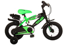 Volare Sportivo 12 inch jongensfiets in neon groen en zwart, met bidonhouder, reflectoren, en twee handremmen, 95% afgemonteerd