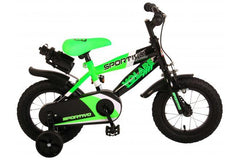 Volare Sportivo 12 inch jongensfiets in neon groen en zwart met gesloten kettingkast, reflectoren, en bidonhouder Terugtraprem, handrem, en afneembare zijwieltjes
